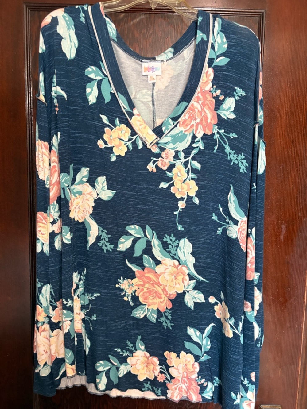 LuLaRoe Navy Floral V-Neck Long Sleeve Top with Coral & Mint Blooms